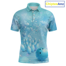 Load image into Gallery viewer, Custom Blue Valentine Bowling Shirts For Couple, Heart Theme Bowling Jerseys With His Name And Her Name IPHW10479