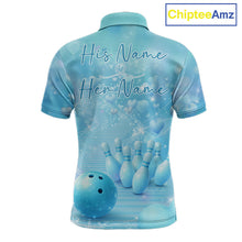 Load image into Gallery viewer, Custom Blue Valentine Bowling Shirts For Couple, Heart Theme Bowling Jerseys With His Name And Her Name IPHW10479