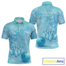 Load image into Gallery viewer, Custom Blue Valentine Bowling Shirts For Couple, Heart Theme Bowling Jerseys With His Name And Her Name IPHW10479