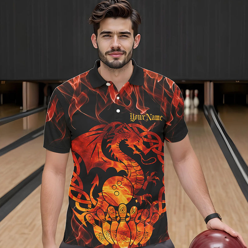 Custom Fire Flame Viking Dragon Bowling Polo Team Shirts For Men, Celtic Bowling Shirts IPHW8587