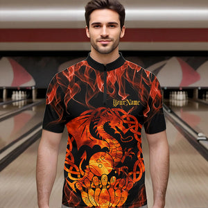 Custom Fire Flame Viking Dragon Bowling Quarter-Zip Team Shirts For Men, Celtic Bowling Shirts IPHW8587