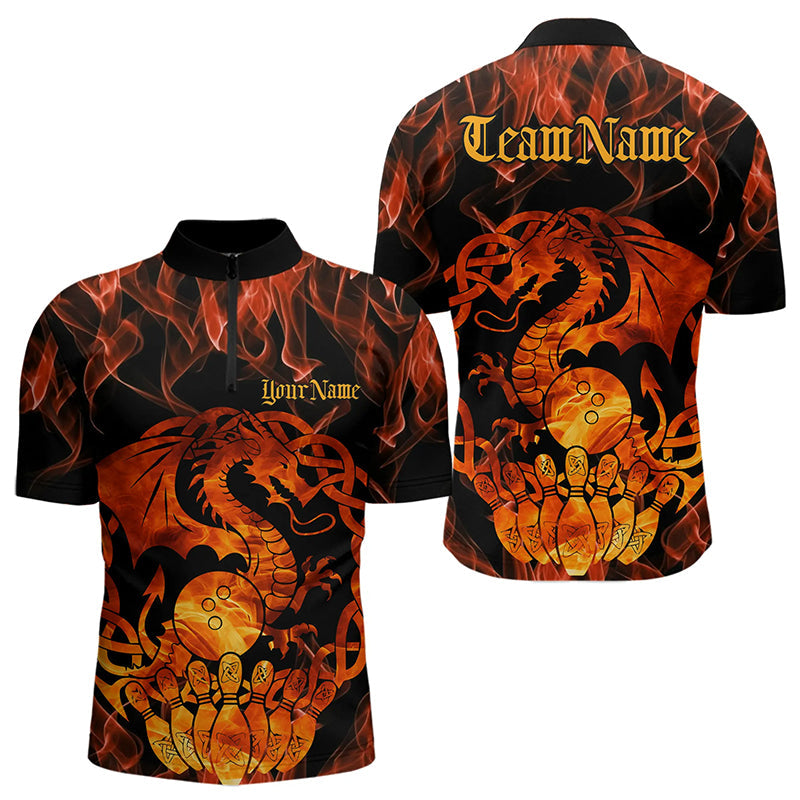 Custom Fire Flame Viking Dragon Bowling Quarter-Zip Team Shirts For Men, Celtic Bowling Shirts IPHW8587