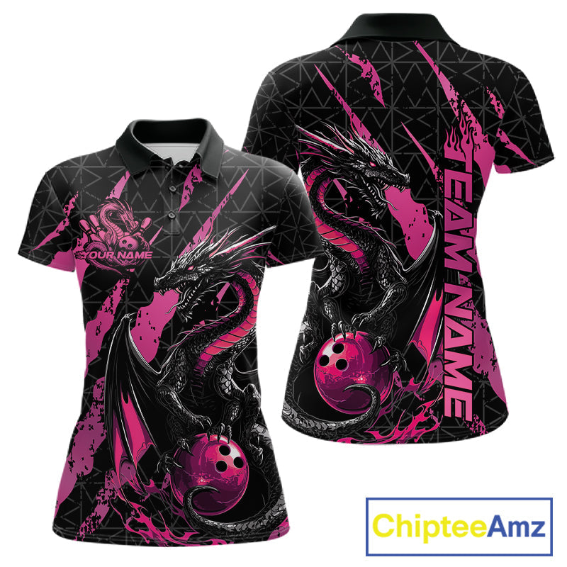 Custom Black And Pink Dragon Bowling Women Polo Shirts, Team Bowling Jerseys IPHW10749
