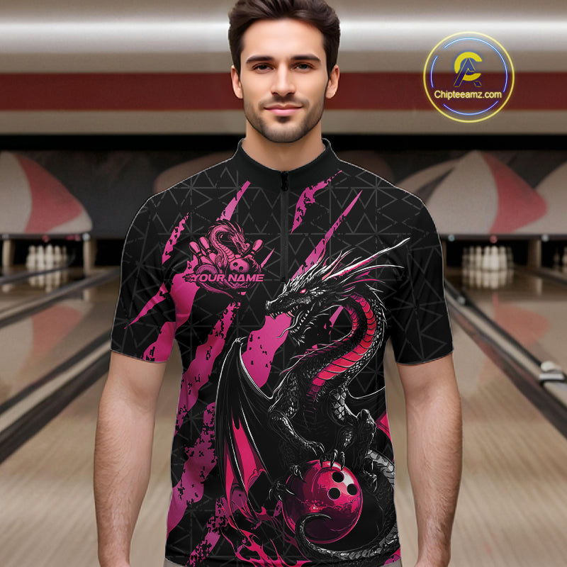 Custom Black And Pink Dragon Bowling Men Quarter-Zip Shirts, Team Bowling Jerseys IPHW10749