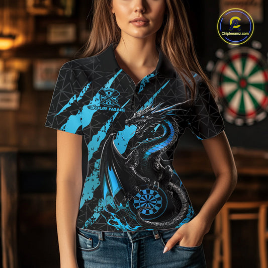 Custom Black And Blue Dragon Dart Women Polo Shirts, Team Dart Jerseys IPHW10753