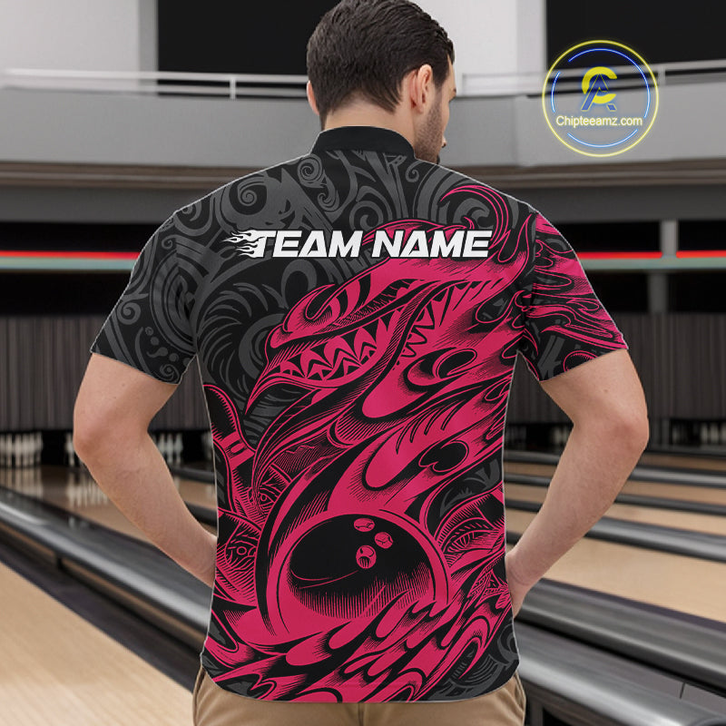 Custom Black And Pink Tribal Polynesian Bowling Team Men Shirts, Niho Mano Bowling Shirt IPHW10755