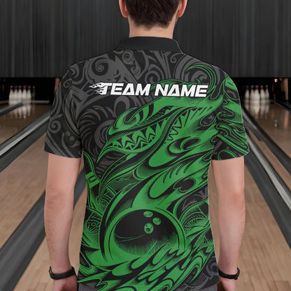 Custom Black And Green Tribal Polynesian Bowling Team Men Shirts, Niho Mano Bowling Shirt IPHW10757