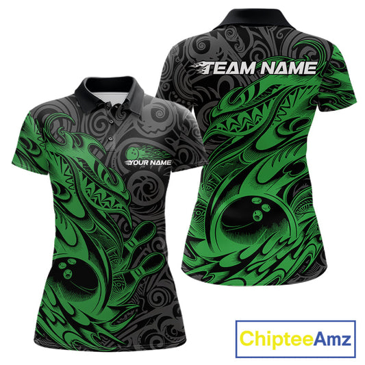 Custom Black And Green Tribal Polynesian Bowling Team Women Shirts, Niho Mano Bowling Shirt IPHW10757