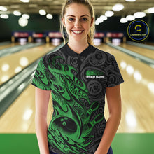 Load image into Gallery viewer, Custom Black And Green Tribal Polynesian Bowling Women Shirts, Niho Mano Bowling Shirt IPHW10757