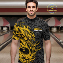 Load image into Gallery viewer, Custom Black And Yellow Tribal Polynesian Bowling Team Men Shirts, Niho Mano Bowling Shirt IPHW10758