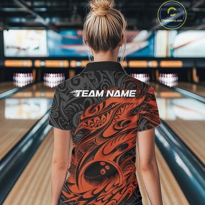 Custom Black And Orange Tribal Polynesian Bowling Women Shirts, Niho Mano Bowling Shirt IPHW10759