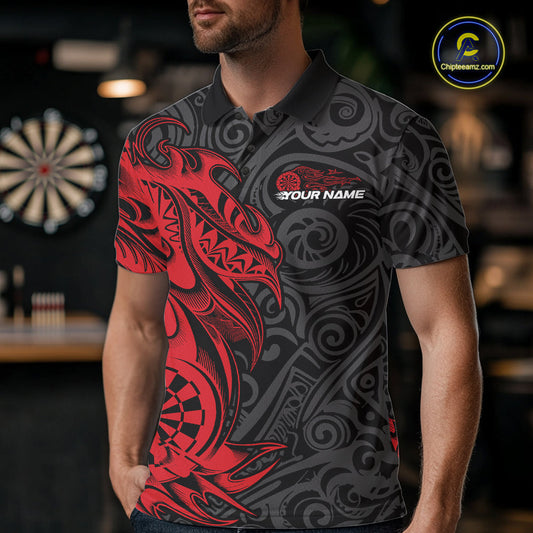Custom Black And Red Tribal Polynesian Dart Team Men Shirts, Niho Mano Dart Shirt IPHW10760