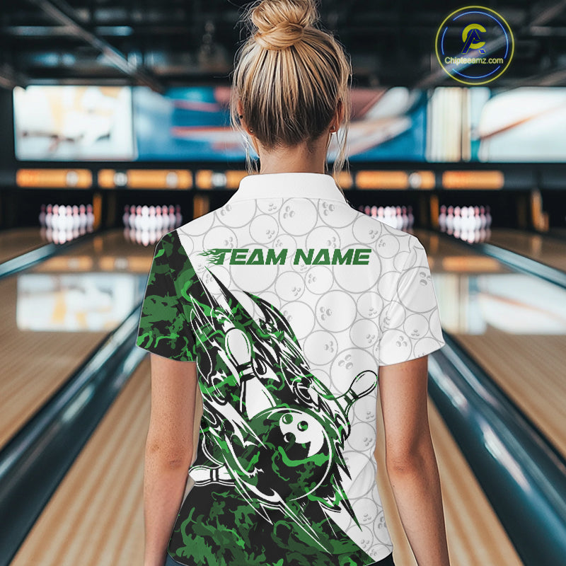 Back view of a female model in a white bowling polo shirt featuring green camo streak accents and bowling motifs.