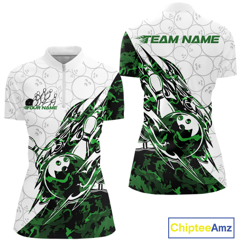 Front and back views of a white womens bowling quarter-zip shirt featuring bowling ball and pin artwork with sharp green camo streaks.