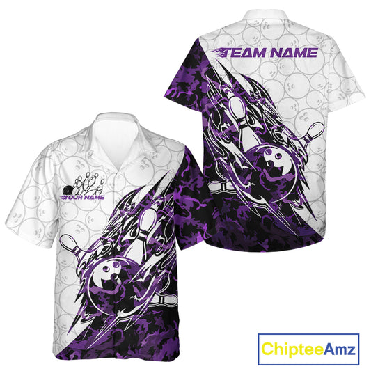 Front and back views of a white button-up bowling shirt showcasing bowling artwork with sharp purple camo streak accents.