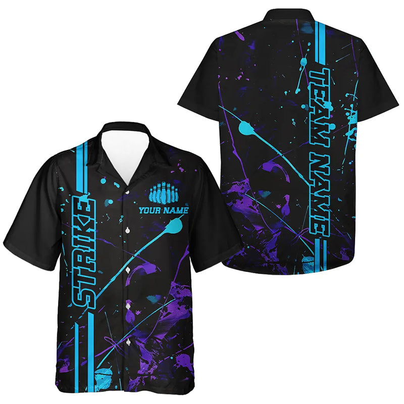 Custom Blue And Purple Strike Bowling Team Men And Women Hawaiian Shirts, Camo Bowling League Jerseys IPHW6427