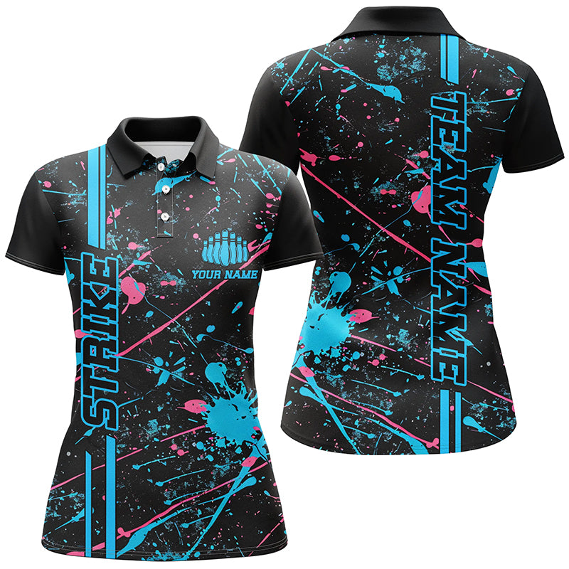 Custom Blue And Pink Strike Bowling Team Shirts, Camo Bowling League ladies Jerseys IPHW6430