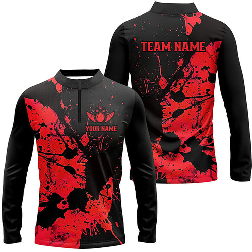 Custom Name Red Splatter Bowling Team Men Long Sleeve Quarter-Zip Shirts, Bowling League Jerseys IPHW6434