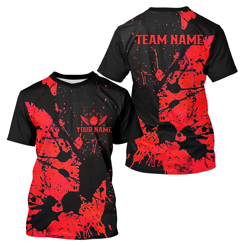 Custom Name Black And Red Splatter Bowling Team Men T-Shirts, Bowling League Jerseys IPHW6434