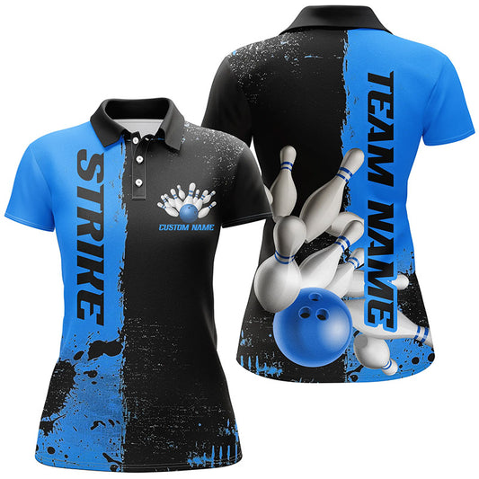 Black And Blue Strike Bowling Team Shirts For Women, Custom Bowling Jerseys For Bowlers IPHW6437