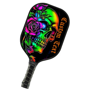 Colorful Skull And Rose Flowers Custom Pickleball Paddle, Halloween Pickleball Gifts Skull Pickleball Paddles IPHW7497