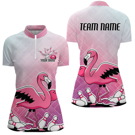 Pink And Purple Pastel Custom Funny Flamingo Ladies Bowling Shirt, Cute Bowling Team Uniform IPHW7732