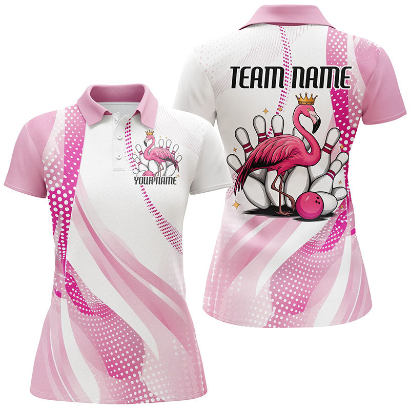 White And Pink Cute Flamingo Custom Bowling Shirts For Women, Flamingo Bowling Team Uniform IPHW7734