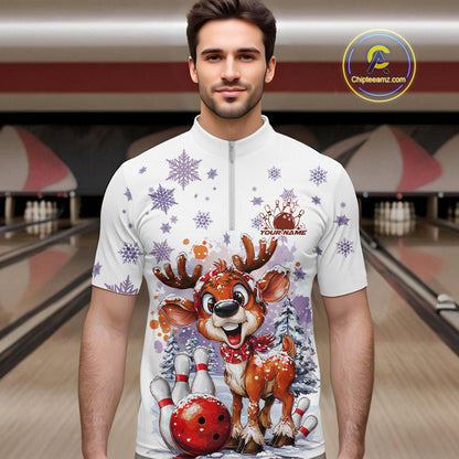 Custom Cute Funny Reindeer Christmas Bowling Men Quarter-Zip Shirts, Xmas Team Bowling Shirt IPHW10112