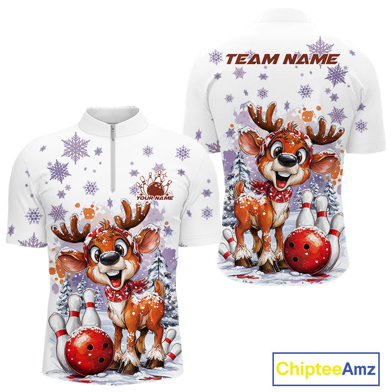 Custom Cute Funny Reindeer Christmas Bowling Men Quarter-Zip Shirts, Xmas Team Bowling Shirt IPHW10112