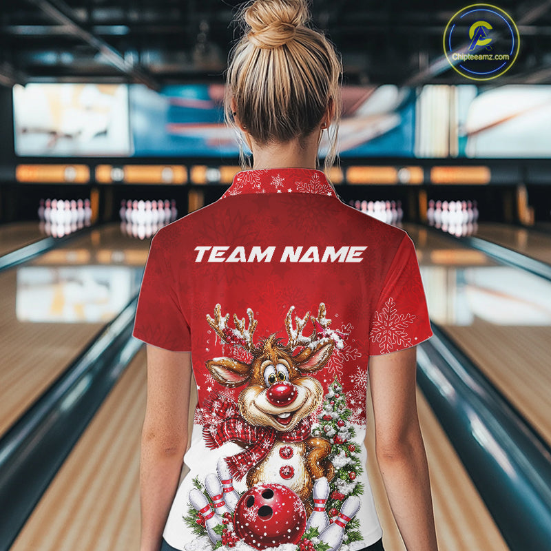 Custom Cute Funny Reindeer Christmas Bowling Women Quarter-Zip Shirt, Xmas Bowling IPHW10115