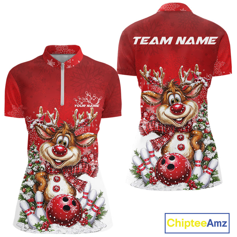 Custom Cute Funny Reindeer Christmas Bowling Women Quarter-Zip Shirt, Xmas Bowling IPHW10115