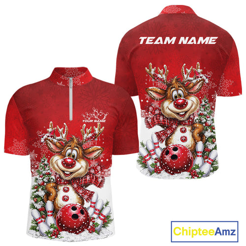 Custom Cute Funny Reindeer Christmas Bowling Men Quarter-Zip Shirts, Xmas Team Bowling Outfit IPHW10115