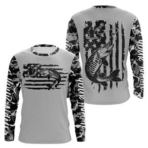 Gray Camo US Flag Custom Patriotic Musky Long Sleeve Tournament Fishing Shirt IPHW8158