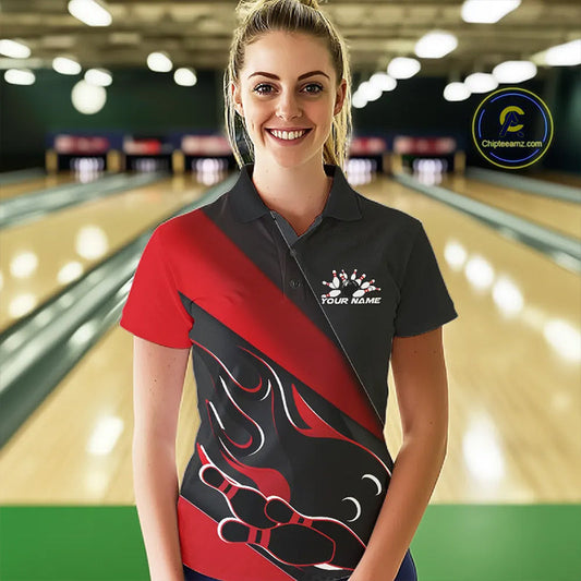 Custom Black And Red Flame Bowling Women Polo Shirt, Team Bowling League Shirt IPHW10254