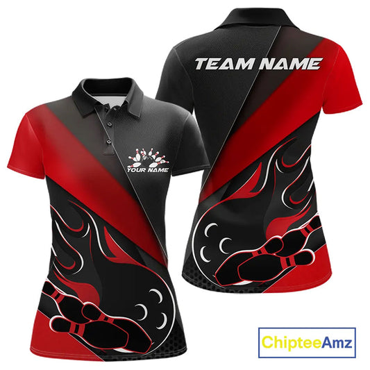 Custom Black And Red Flame Bowling Women Polo Shirt, Team Bowling League Shirt IPHW10254