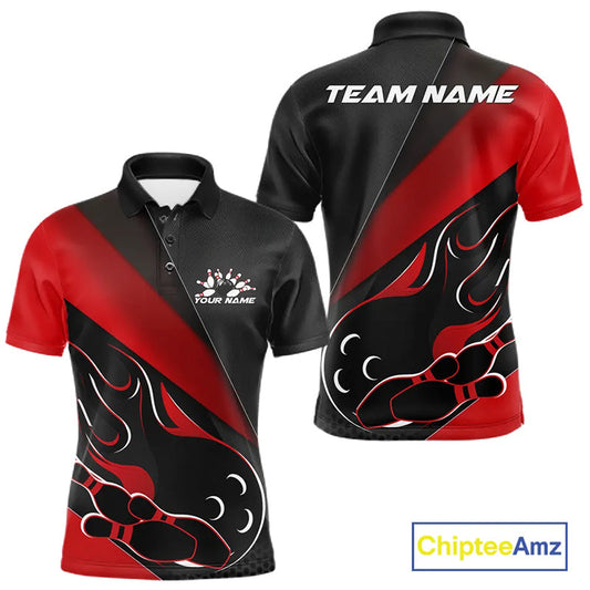 Custom Black And Red Flame Bowling Men Polo Shirt, Team Bowling League Shirt IPHW10254