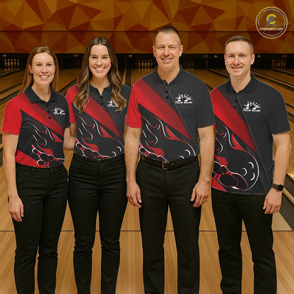 Custom Black And Red Flame Bowling Men Polo Shirt, Team Bowling League Shirt IPHW10254