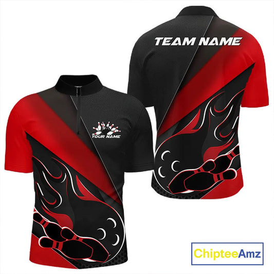 Custom Black And Red Flame Bowling Men Quarter-Zip Shirt, Team Bowling League Shirt IPHW10254