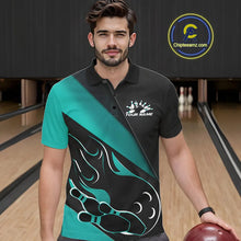 Load image into Gallery viewer, Custom Black And Turquoise Blue Flame Bowling Men Polo Shirt, Team Bowling League Shirt IPHW10255