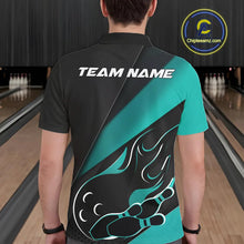 Load image into Gallery viewer, Custom Black And Turquoise Blue Flame Bowling Men Polo Shirt, Team Bowling League Shirt IPHW10255