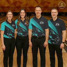 Load image into Gallery viewer, Custom Black And Turquoise Blue Flame Bowling Men Polo Shirt, Team Bowling League Shirt IPHW10255