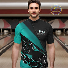 Load image into Gallery viewer, Custom Black And Turquoise Blue Flame Bowling Men Quarter-Zip Shirt, Team Bowling League Shirt IPHW10255
