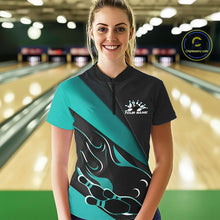 Load image into Gallery viewer, Custom Black And Turquoise Blue Flame Bowling Women Shirt, Team Bowling League Shirt IPHW10255