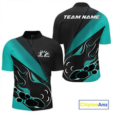 Load image into Gallery viewer, Custom Black And Turquoise Blue Flame Bowling Men Quarter-Zip Shirt, Team Bowling League Shirt IPHW10255