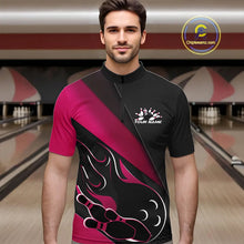 Load image into Gallery viewer, Custom Black And Pink Flame Bowling Men Quarter-Zip Shirt, Team Bowling League Shirt IPHW10256