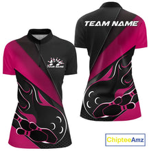 Load image into Gallery viewer, Custom Black And Pink Flame Bowling Women Quarter-Zip Shirt, Team Bowling League Shirt IPHW10256