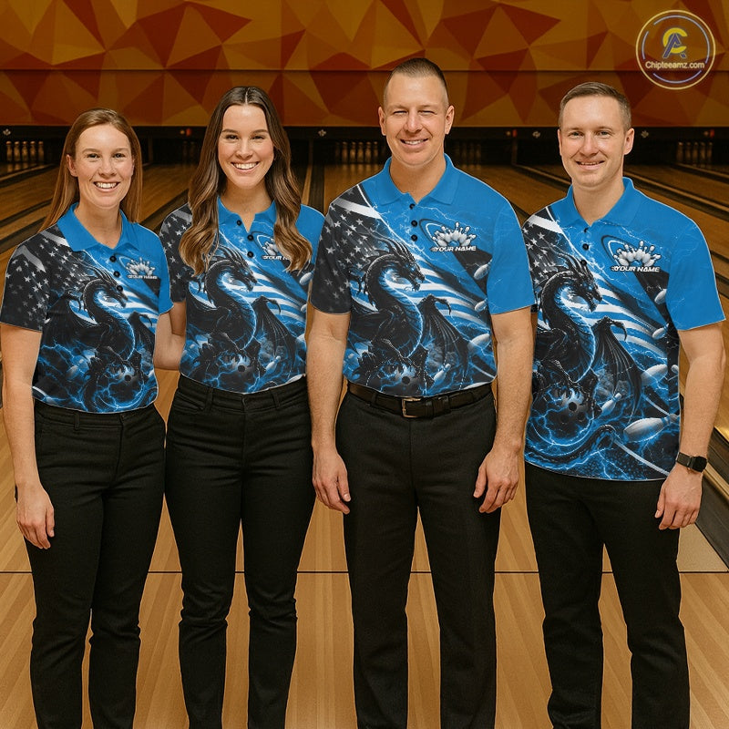 Custom Blue Thunder Lightning Patriotic Dragon Bowling Shirts, Freedom US Flag Bowling Jerseys Bowlers Outfit IPHW10481