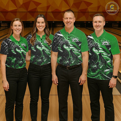 Custom Green Thunder Lightning Patriotic Dragon Bowling Shirts, Freedom US Flag Bowling Jerseys Bowlers Outfit IPHW10484