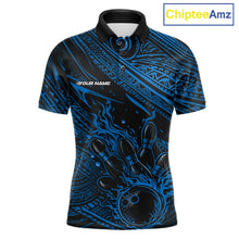 Load image into Gallery viewer, Custom Black And Blue Tribal Flame Bowling Ball Bowling Team Shirts, Polynesian Bowling Tournament Shirt IPHW10487
