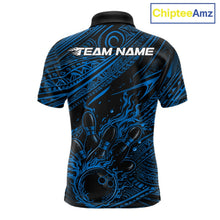 Load image into Gallery viewer, Custom Black And Blue Tribal Flame Bowling Ball Bowling Team Shirts, Polynesian Bowling Tournament Shirt IPHW10487